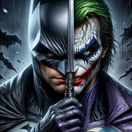 realistic image of Batman holding sword infront of his face, half of the face is Batman, on other half its the Joker, Nightcity in background, raining, digital art, TwoFace Blade, HD, masterpiece, best quality, hyper detailed, ultra detailed,