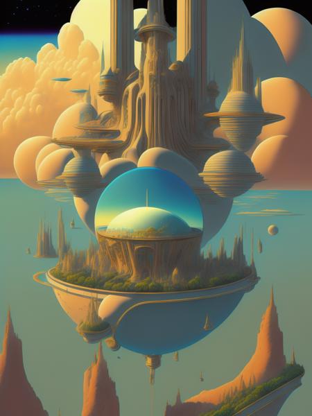 <lora:AngusMcKie:1>postcard from floating castle in the sky, looking down to earth, style of Moebius