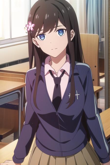 sunrong, <lora:sunrong-lora-nochekaiser:1>,
sun rong, long hair, black hair, hair ornament, ahoge, blue eyes, hair flower,
BREAK skirt, school uniform, jacket, pleated skirt, necktie, kneehighs,
BREAK looking at viewer,
BREAK indoors, classroom,
BREAK <lyco:GoodHands-beta2:1>, (masterpiece:1.2), best quality, high resolution, unity 8k wallpaper, (illustration:0.8), (beautiful detailed eyes:1.6), extremely detailed face, perfect lighting, extremely detailed CG, (perfect hands, perfect anatomy),