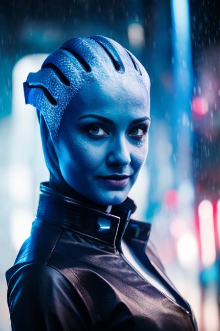 woman, asari, close up, action pose, sci-fi complex clothes, cyberpunk, blue_skin, cyberpunk warehouse, rain, looking into the camera, hair flying, (anime), (illustration), cartoon, detailed