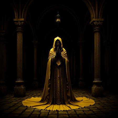 Horror-themed,  <lora:carcosa city style SD1.5:1.2>
In an ancient and mysterious city a painting of a woman in a yellow cloak looking at a city carcosa city style, Eerie, unsettling, dark, spooky, suspenseful, grim, highly detailed