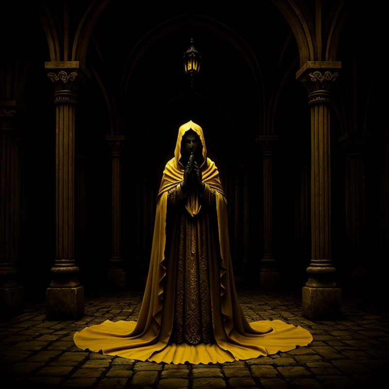 Horror-themed,  <lora:carcosa city style SD1.5:1.2>
In an ancient and mysterious city a painting of a woman in a yellow cl...