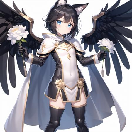 1girl, gloves, wings, armor, white dress, white gloves, standing, elbow gloves, smile, full body, boots, bare shoulders, hair ornament, armored boots, white flower