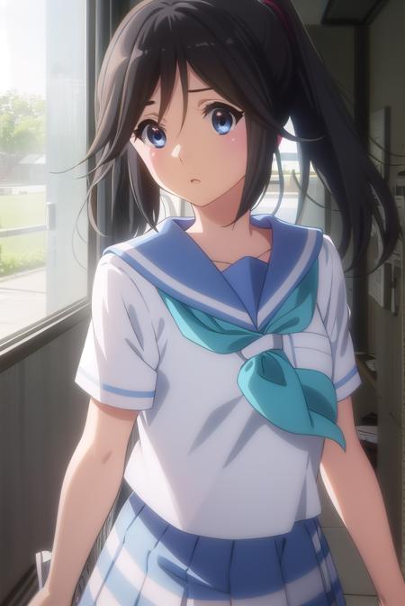 nozomikasaki, <lora:nozomi kasaki s2-lora-nochekaiser:1>,
nozomi kasaki, kasaki nozomi, long hair, blue eyes, black hair, ponytail, hair between eyes,
BREAK skirt, shirt, school uniform, white shirt, short sleeves, pleated skirt, serafuku, sailor collar, blue skirt, neckerchief, blue sailor collar, school bag, blue neckerchief, kitauji high school uniform,
BREAK indoors, classroom,
BREAK looking at viewer, (cowboy shot:1.5),
BREAK <lyco:GoodHands-beta2:1>, (masterpiece:1.2), best quality, high resolution, unity 8k wallpaper, (illustration:0.8), (beautiful detailed eyes:1.6), extremely detailed face, perfect lighting, extremely detailed CG, (perfect hands, perfect anatomy),