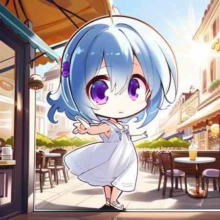 (masterpieces, best quality, illustration, extremely detailed CG wallpaper, ultra-detailed) , (beautiful detailed eyes), 1girl with blue hair and purple eyes pointing at the sun, solo focus , white sundress, white sandals, detached sleeves, Parisian caf, daytime, sunlight, chibi <lora:komowata_haruka_counterfeitxlb_1-05:0.8>