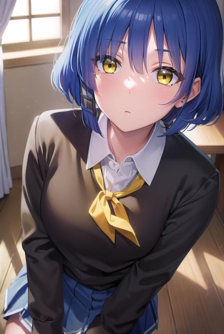 ryouyamada, <lora:ryouyamada-lora-nochekaiser:1>, 
ryou yamada, blue hair, eyes visible through hair, mole, mole under eye, short hair, (yellow eyes:1.5), hairclips,
BREAK black pantyhose, black ribbon, blue skirt, brown footwear, loafers, long sleeves, pantyhose, ribbon, school uniform, shimokitazawa high school uniform, shirt, shoes, skirt, white shirt,,
BREAK indoors, classroom,
BREAK looking at viewer, (cowboy shot:1.5),
BREAK <lyco:GoodHands-beta2:1>, (masterpiece:1.2), best quality, high resolution, unity 8k wallpaper, (illustration:0.8), (beautiful detailed eyes:1.6), extremely detailed face, perfect lighting, extremely detailed CG, (perfect hands, perfect anatomy),