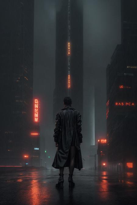 A lone figure standing on a rainy cyberpunk rooftop, glowing neon signs, dark skyscrapers stretching into the fog, reflections on wet surfaces, flying cars in the background, wearing a black trench coat, moody cinematic lighting, night city vibes, sharp detail, 4k, Blade Runner-inspired <lora:add_detail:1>