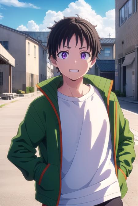 akiratendou, <lora:akira tendou s1-lora-nochekaiser:1>,
akira tendou, short hair, black hair, male focus, wide-eyed, (purple eyes:1.1), smile, grin,
BREAK shirt, jacket, white shirt, open clothes, pants, open jacket, black pants, green jacket,
BREAK outdoors, city, sun, sky, clouds,
BREAK looking at viewer, (cowboy shot:1.5),
BREAK <lyco:GoodHands-beta2:1>, (masterpiece:1.2), best quality, high resolution, unity 8k wallpaper, (illustration:0.8), (beautiful detailed eyes:1.6), extremely detailed face, perfect lighting, extremely detailed CG, (perfect hands, perfect anatomy),