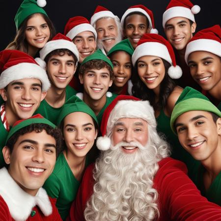 selfie of several Santa's elves with Santa Claus in the center of the image