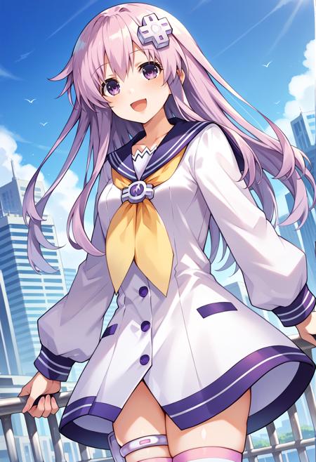 nepgear, d-pad hair ornament, sailor dress, yellow neckherchief, long sleeves, thigh strap, striped thighhighs, purplesis, symbol-shaped pupils, power symbol, hair ornament, white leotard, elbow gloves, white thighhighs, black elbow gloves, black thighhighs, midriff,