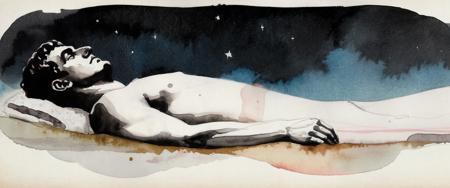 <lora:Aether_Watercolor_and_Ink_v1_SDXL_LoRA:1> a man lying down looking at the sky at night, watercolor and ink, greek myth