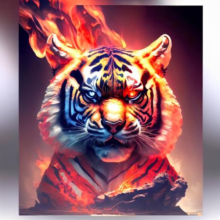 a tiger with a fire on its face, fantasy animal,  <lora:last:1>