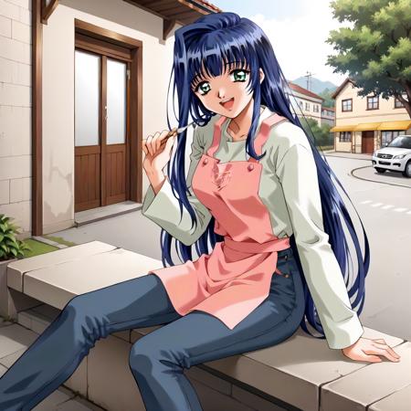 YukariIsshiki,1girl,blue hair,long hair,green eyes, white shirt,long_sleeves, jeans pants, pink apron,