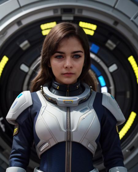 A woman in a futuristic space uniform, against the background of the spaceport <lora:AlisSelez512New200:0.7> <lora:detail_slider_v4:2>, maximum details