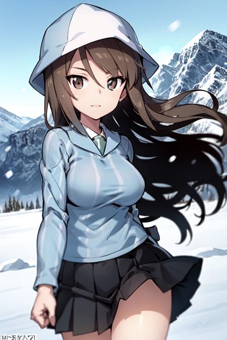 <lora:mika_Loha:0.7>, mika (girls und panzer), 1girl, keizoku school uniform, solo, tulip hat, long hair, hat, school uniform, brown eyes, brown hair, blue headwear, skirt, shirt, grey skirt, striped, dress shirt, pleated skirt, vertical stripes, white shirt, vertical-striped shirt, striped shirt, cowboy shot, miniskirt, standing, long sleeves, bangs, blue shirt, blue sky, (windy:1.3), looking at viewer, snow mountains in the background, snowing,