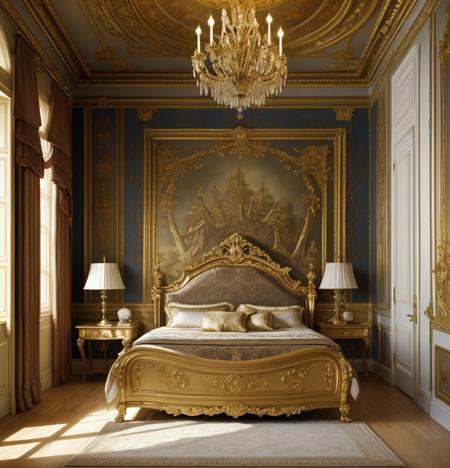 Masterpiece, 4K, beautiful design, absurdres, ,lh_room, a bedroom with a bed and a chandelier, (masterpiece:1.5) (painting:1.1) (best quality) (detailed) (intricate) (8k) (HDR) (wallpaper) (cinematic lighting) (sharp focus)