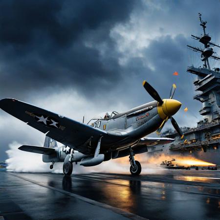 Ultra realistic  color pencil drawing of a P51 Mustang taking off from USS Enterprise during the Pacific War.
BREAK 
Deep dark intense midnight blue misty background, Dark theme, dynamic lighting, (soft shadows), (soft focus), (photo realistic), extreme details, uhd, 8k