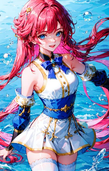 1girl, air_bubble, bangs, bare_shoulders, blue_bow, blue_eyes, pink_hair, bow, breasts, bubble, dress, eyebrows_visible_through_hair, fish, gradient, gradient_background, long_hair, long_sleeves, looking_at_viewer, multicolored_hair, smile, solo, thighhighs, very_long_hair, water, water_drop, white_legwear <lora:style_yeurei:1>