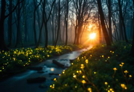 Cinematic long exposure, enchanting woodland at sunset, bio-luminescent brook flows through the trees, glowing flora, soft focus on the foreground, darkening backdrop, warm golden light, gentle mist, soft blur, warm tones, hyper detailed, intricate details, volumetric lighting, 8K, dslr, high quality