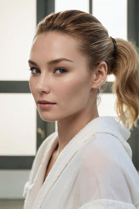 photo of S285_KellyCollins,a stylish woman,in a (spa:1.1),wearing a (robe:1.1),(ponytail),(4k, RAW photo, best quality, depth of field, ultra high res:1.1),(absurdres, intricate, photorealistic, masterpiece, ultra-detailed:1.1),