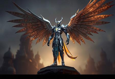 The image showcases a dynamic pose of Blackwing - Silverwind the Ascendant, standing on a Skypalace Babylon with silver armor contrasting against a dark blurred background. The 4K image features exceptional quality, lifelike details, sharp lines, and harmonious colors, capturing a powerful message with vivid emotions. Cinematic lighting and intricate details enhance the overall concept design, making it trend on ArtstationHQ.