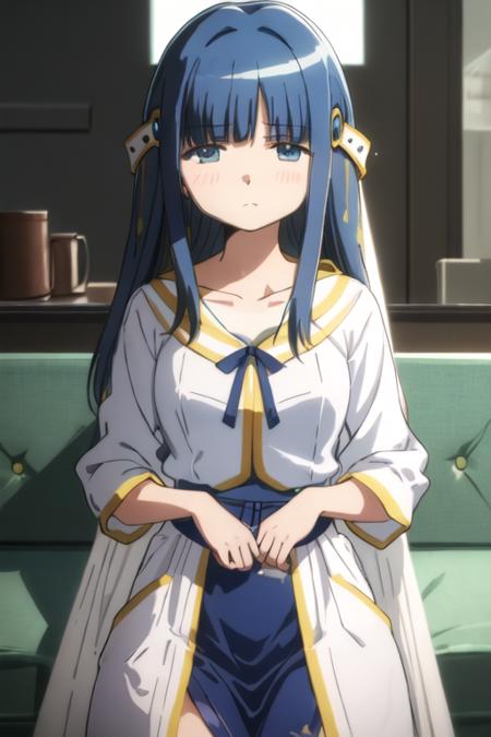 best quality, masterpiece, highres, solo, {nanami_yachiyo_puellamagimadokamagicasidestorymagiarecord:1.15}, long_hair, blue_hair, blue_eyes, bangs, blush, blunt_bangs, magical_girl, 1girl, collarbone, looking_at_viewer