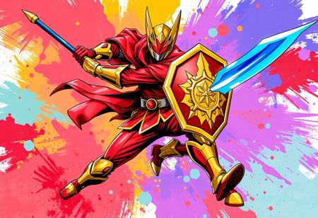 A powerful, dynamic action pose of the Noble Knight's Spearholder from the popular Japanese anime "Kamen Rider", depicted in a vibrant splash ink illustration style. The Spearholder, in their iconic red and gold outfit, gold helmet with red visor, and a prominent gold emblem, is mid-stride, brandishing a striking blue and gold sword in their right hand and a matching shield in their left. The image is explosive with motion, featuring sharp lines and expressive brush strokes. Grammer Effect Style elements create energetic trails and impactful visual effects around the sword and shield. The background is an abstract, multi-colored burst of complementary hues, suggesting a powerful, well-timed moment of confrontation. Vivid emotions radiate from the pose, embodying a joyful impact and powerful message. High quality, super detailed clothes and weaponry, impeccable composition, CGSociety quality, trending on Artstation.