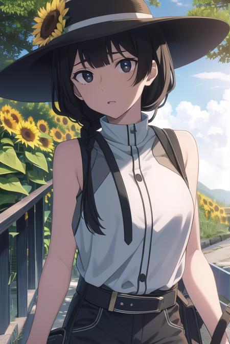 anzuhanashiro, <lora:anzuhanashiro-lora-nochekaiser:1>, 
anzu hanashiro, long hair, bangs, black hair, sidelocks, blunt bangs, (black eyes:1.5),
BREAK shirt, hat, white shirt, sleeveless, belt, pants, sleeveless shirt, white headwear, braid, single braid,
BREAK looking at viewer,
BREAK outdoors, sunflowers,
BREAK <lora:GoodHands-vanilla:1>, (masterpiece:1.2), best quality, high resolution, unity 8k wallpaper, (illustration:0.8), (beautiful detailed eyes:1.6), extremely detailed face, perfect lighting, extremely detailed CG, (perfect hands, perfect anatomy),