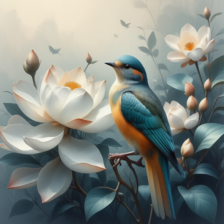 In a realm of soft pastel hues, a majestic bird's portrait takes center stage amidst the delicate petals of an enormous lily flower. Rendered in the enchanting style of renowned digital painters, this artwork showcases intricate details such as the bird's feather textures and expressive eyes, contrasted against the velvety green leaves and stamens of the fantastical bloom. The dreamy ambiance is amplified by the oversized flower's presence, enveloping the bird in a surreal yet captivating setting. This piece exudes a sense of ethereal beauty, inviting the viewer to step into its whimsical world.