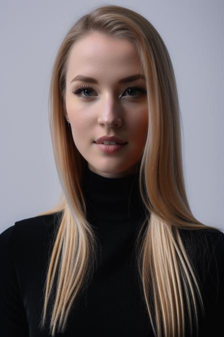 portrait of the wo_kira01 woman, long blonde hair, head and shoulders shot, wearing black dress with turtleneck,black background, global illumination, high details, UHD, RAW, HDR effect, beautiful, aesthetic, perfect lighting