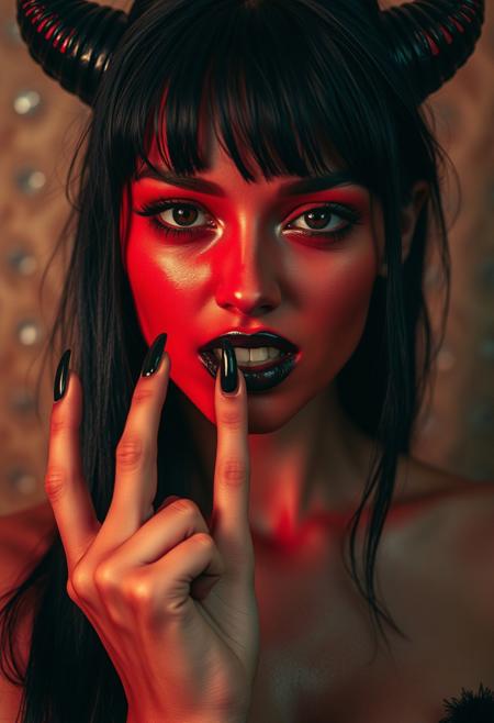 Portrait of a 36 year old beautiful bright red skinned  female with deep wet sweaty   Her face looks demonic although pretty . She jet black shiny hair with bangs , the hair that is styled to slightly resemble a succubus’s horns. Their skin is shiny blood red Their pupils are black onyx colored and look slightly inhuman teeth with elongated canines  , gloss black lipstick that looks moist and wet and is dripping blood . Sexy and sensual as if enticing the viewer with one hand becoming with a finger. Her long sharp fingernails are shiny onyx black