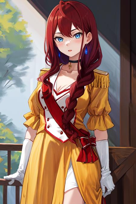 1girl earrings yellow dress white dress black choker cleavage puffy short sleeves epaulettes white gloves elbow gloves