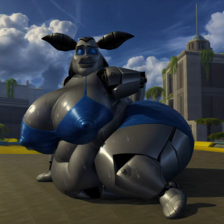 obese, female, robot, black shirt, blue pants, robotic hair in a pigtail, (gray skin:1.2)