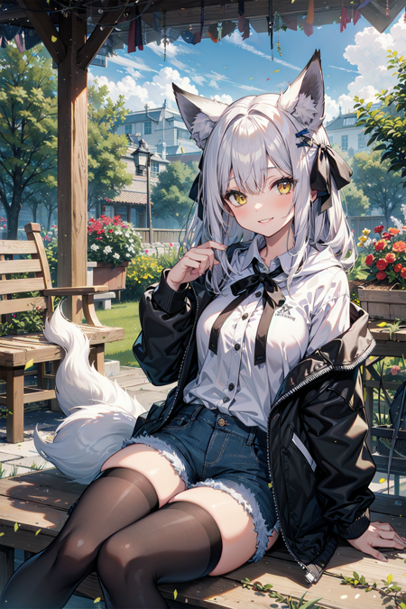 pixai, 1girl, white haired, long hair, fox girl, (black fox ears), (1fox_tail), hair ribbon accessories, neck ribbon, white collared buttoned shirt, black jacket-hoodie, black denim shorts, black thigh highs, garden scenery, sunlight, intricate details, highres, best quality, yellow eyes, kind smile, looking at viewer, HDR,