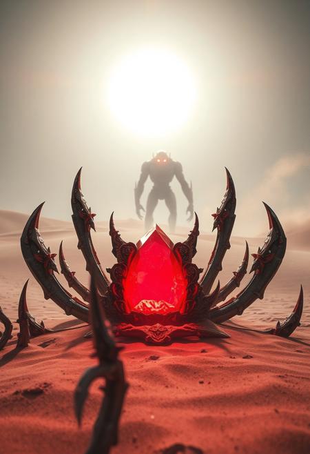 A desolate alien wasteland rendered in hyper-detailed, high key lighting, where the sun hangs directly overhead, casting diffused white light across the entire scene. The frame uses split focus: foreground features a biomechanical altar made of bone and rusted metal, with a pulsating red crystal embedded in its core; the background shows a colossal humanoid figure emerging from a sandstorm, its eyes ablaze with fire red energy. Sharp metallic shards stick out from the dunes like fossilized bones. The red crystal reflects brilliantly against the pale terrain, drawing immediate attention. The color contrast is minimal except for the intense fire red elements, which provide the sole vivid tones. Strange alien carvings adorn the surfaces, giving a mystic, post-apocalyptic feel. The wind stirs fine dust into the air, catching the light in glowing trails, enhancing the surreal silence of the barren world.