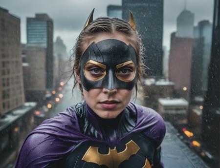 (((aerial view)))  ((from above)) ((fish eye)) ((face closeup)) ((dutch angle shot)), cinematic, heavy rain, rainstorm, analog photograph using a Nikon F6 with strong film grain and bokeh effect, 25-year-old fighting pose, purple and gold Batgirl superhero suit, batman mask,  on a thunderstorm night rooftop ledge, dramatic lighting, gritty, futuristic New York City, noir feel, detailed face and eyes with visible pores and scars, 2077 cyperpunk <lora:face_pony:1>  <lora:wreal_consolidated:1>  marvel movie cinematic, dc movie cinematic