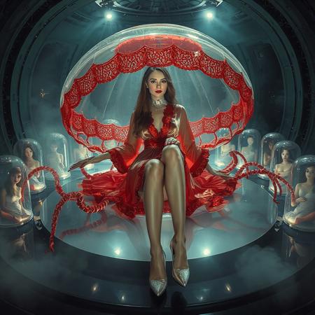tall slender elegant slavic lady , sits in giant  transparent (inverted jellyfish)   laying at  mirror disk bed,  entangled in its tentacles, dressed in vintage long lace trim red foil  dressing robe , spreading wide her pefect legs in high heels, surrounded by cocoons with encased beauties at background, sci-fi, scifi, mind control, silver slave collar, brainwash machine, breeding chamber, steel, foil, fog, hypno, romance, poison, lipstick, long hair, heavy makeup, 1950s hairstyle, red nails, long hair, green eyes, sharp cheekbones, ultra thin waist , mysterious, alien spaceship, space, radiating, laser, dramatic lighting, epic hollywood movie still, sharp focus, emitting diodes, smoke, artillery, sparks,  horror, fashion look, hollywood, vogue makeup, porcelain skin, long haired, ultrathin waisym reminiscent of H.R. Giger, Zdzisław Beksinski, and Ash Thorp's dark, sleek styles, with close-up glamour photography, glossy satin and silver heels glistening, fleshy slime dripping, and dark shadows.