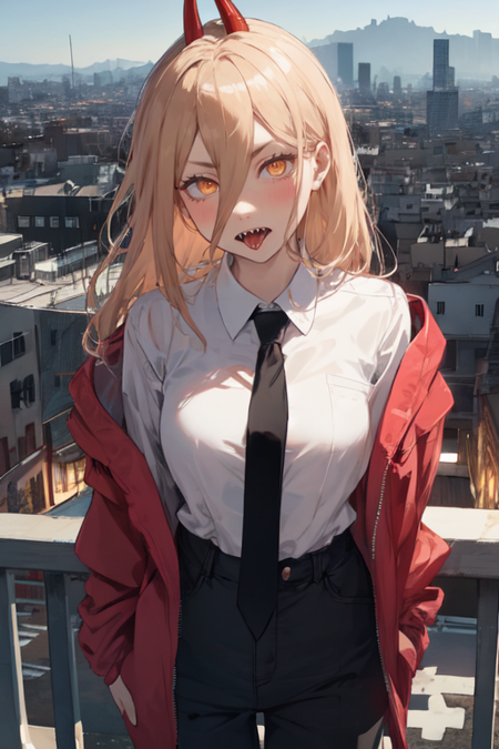 anime coloring,anime style,long hair,horns,red horns,1girl,hair between eyes,symbol-shaped pupils,cross-shaped pupils,blonde hair,looking at viewer,teeth,shirt,sharp teeth ,demon horns,solo,(((city background))),white shirt ,yellow eyes ,collared shirt ,jacket,necktie,pants,blush ,black necktie,medium breasts,tongue out ,hair ornament,orange eyes