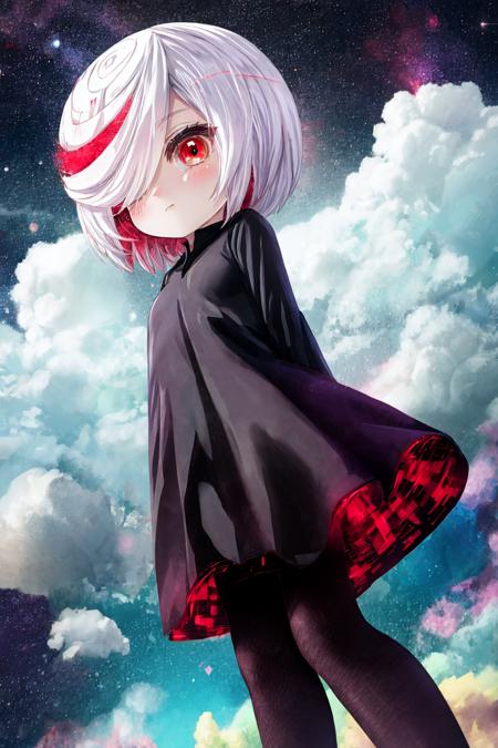 sthsage, short hair, white hair, multicolored hair, hair over one eye, red eyes, black dress, black pantyhose, floating, expressionless, arms behind back, looking at viewer, from below, cloudy, space <lora:sage-v6:1>  <lora:add_detail:1>