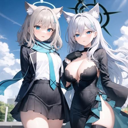 2girls
AND
2girls, shiroko
halo, animal ears, animal ear fluff, grey hair, medium hair, hair ornament, blue eyes, mismatched pupils, white shirt, scarf, jacket, skirt, long sleeves, necktie, open jacket, green gloves, flat chest
AND
2girls, shirokoterror
halo, animal ears, animal ear fluff, grey hair, long hair, hair ornament, blue eyes, mismatched pupils, black choker, black dress, long sleeves, black gloves, thigh strap, large breasts, hand on own chest<lora:ShirokoBA-05:1>