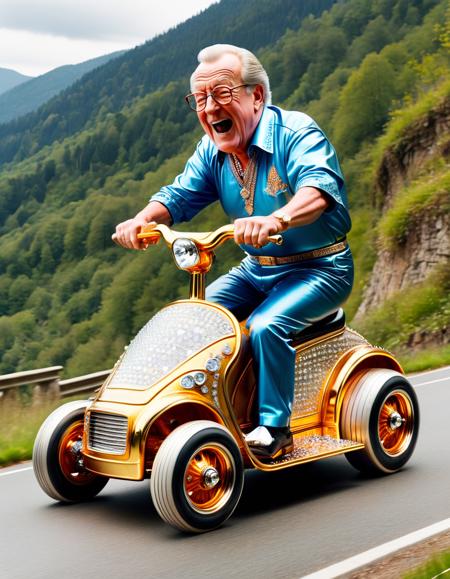 grandpa riding a very small bobbycar made of ral-bling <lora:ral-bling-sdxl:1> down the hill having the time of his live screaming like a maniac