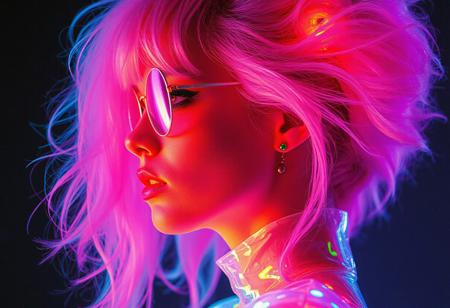 model , crystallisation, schizophernia, bioluminescent Jem the Hologram, surreal psychedelic flowing avant-garde art by Yoh Nagao and Erik Madigan Heck and Alan Aldridge, 1980's new wave totally radical fashion.,side view, side eye,