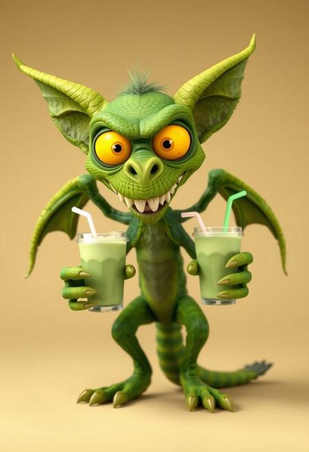 Clay Animation - a pixar style 3d animated green character called a jabberwock, angry, fierce, scary, big yellow eyes, wings, scales. long ears. long sharp teeth. at least ten feet tall with a simian like build, almost like a lemur. Its limbs are long and elongated and slender, 3 long fingers and claws. with a pointed end long tail ending, standing on two toes with a dewclaw/thumb. looking at camera over a simple background. holding a green frappucino