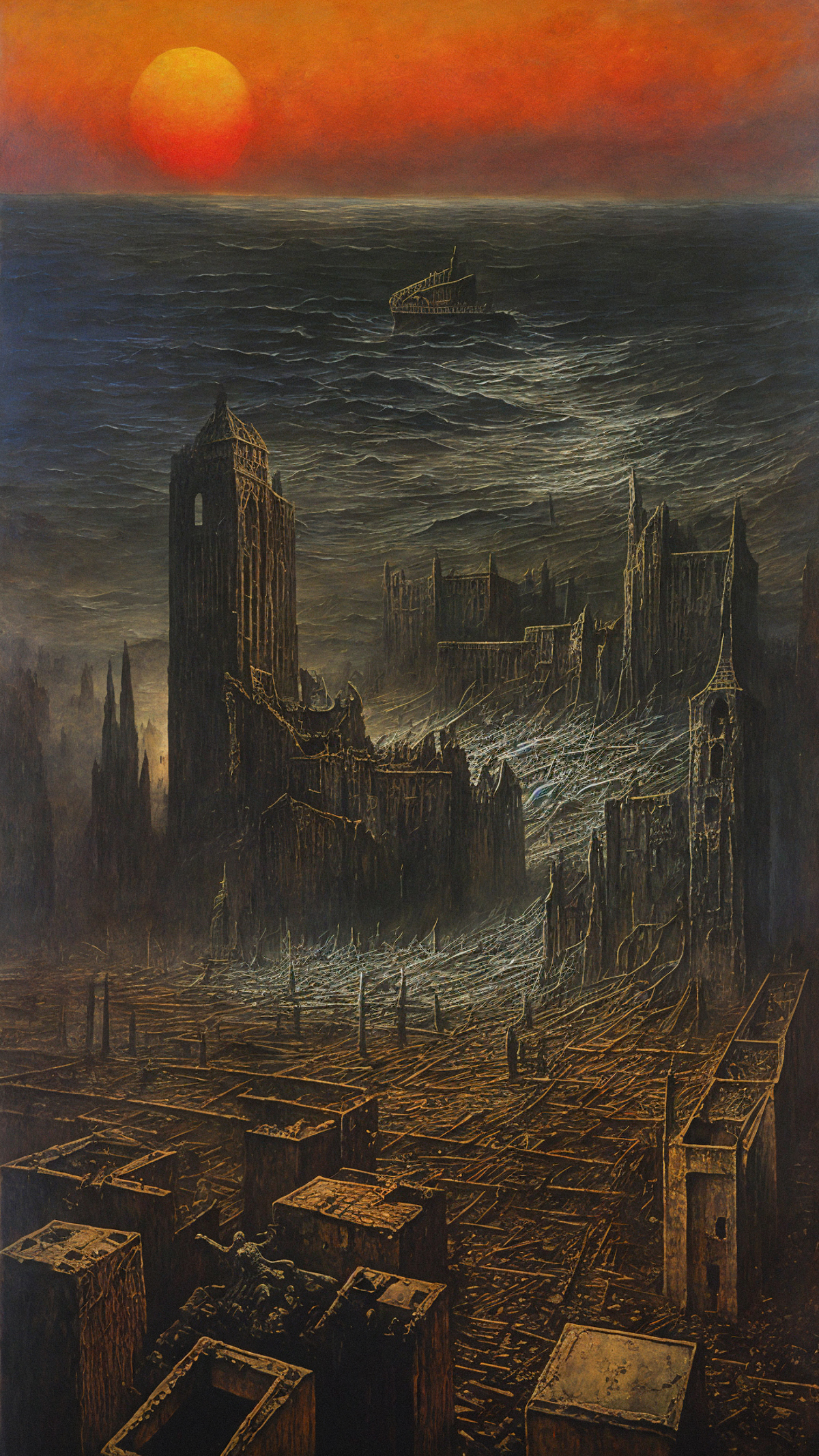 Dark and ominous painting of a castle and its surrounding area, with a black sky overhead.