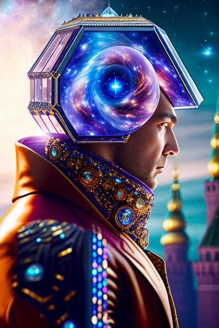 gorgeous photo, stunning portrait of magical cyborg Moscow Watchdog, action shot, intricate crystal portal, fractal mind bending galaxies, photo, cinema, realistic, very detailed, depth of field