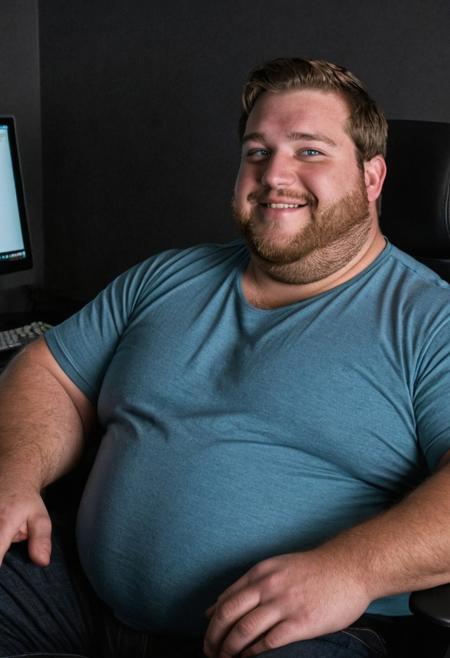 (((seen from below, pov below, sex pov, gay chubby porn))), ((cinematic hazey atmosphere, romantic movie, romance film, arthouse film)), ((dark, night nighttime, dark background, shadows)), Tanned chubby 30 year old bavarian man, wearing a black muscleshirt and blue jeans, light brown-blonde messy hair, stubble, doublechin, broad face, blue green eyes, big fat arms, big neck, broad neck, big belly, (nerd, programmer, coder), gentle smile, (sitting in dark office at night while programming on a high-tech computer),