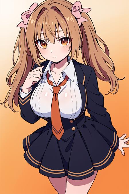 1girl, solo, skirt, long sleeves, bow, twintails, necktie, orange eyes, brown hair, breasts, <lora:NoaAkizuki:0.6>