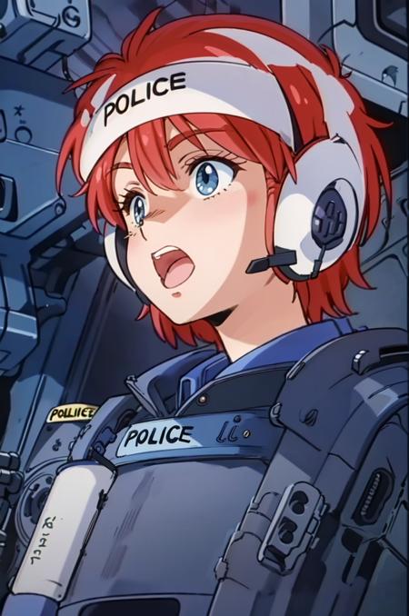 leonaozaki,  1girl, red hair, short hair, mature, solo, close up face, short hair, police uniform, armoured, police headset, mouth open, shout,  <lora:Leona_Dominion_Tank_Police-000012:1>