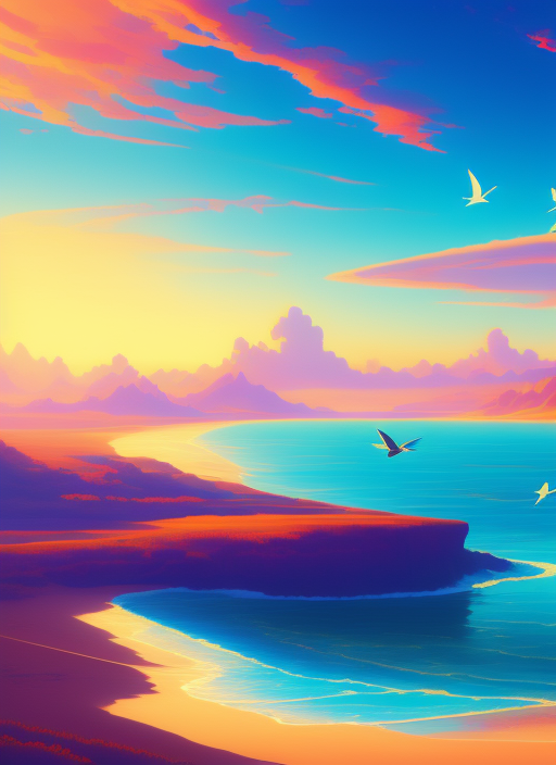 A sunset over the ocean with birds flying in the sky, a painting, by RHADS, in an anime, ios icon, mtg card, in this paint...