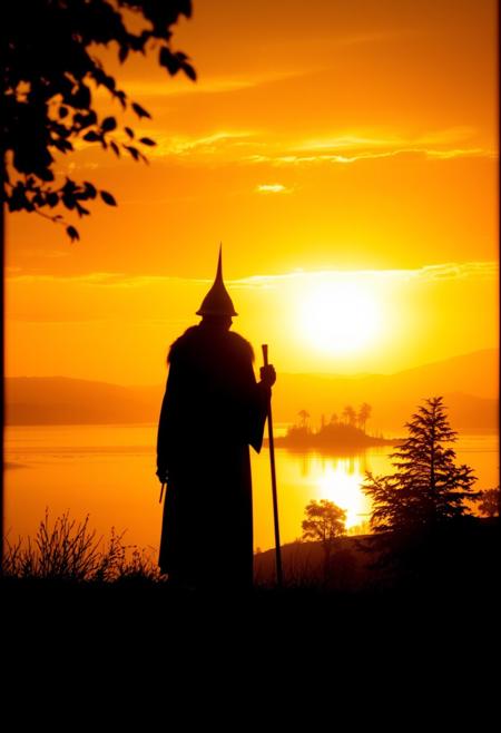 solitary figure stands silhouetted in the foreground, staff in hand, gazing towards a breathtaking sunset landscape. Adorned with a pointed helmet and flowing robes, their dark outline contrasts starkly against the warm, golden background. A serene lake reflects the fiery sky, while trees dot the horizon, their forms softened by the hazy light.
The scene is bathed in a rich palette of oranges, yellows, and golds, as if the world is ablaze with the sun's dying rays. This creates a mystical, almost otherworldly atmosphere that invites contemplation.
The composition evokes a cinematic quality, reminiscent of award-winning cinematography. A wide-angle perspective captures the expansive vista, drawing the eye from the central figure to the luminous landscape beyond. The image appears to be framed, suggesting it's viewed through a screen or doorway, adding depth and focus.
Careful use of silhouette and backlighting lends a dreamlike quality to the scene. Fine details like leaves and water ripples are just discernible, softened by the suffusing light. This delicate balance between detail and abstraction enhances the image's emotive power.
As day fades to dusk, this captivating tableau invites viewers to pause and reflect, blending natural beauty with human presence in a moment of visual poetry.